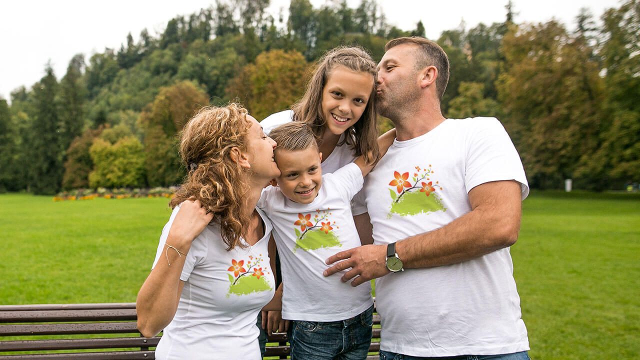 Family with regional-themed outfits